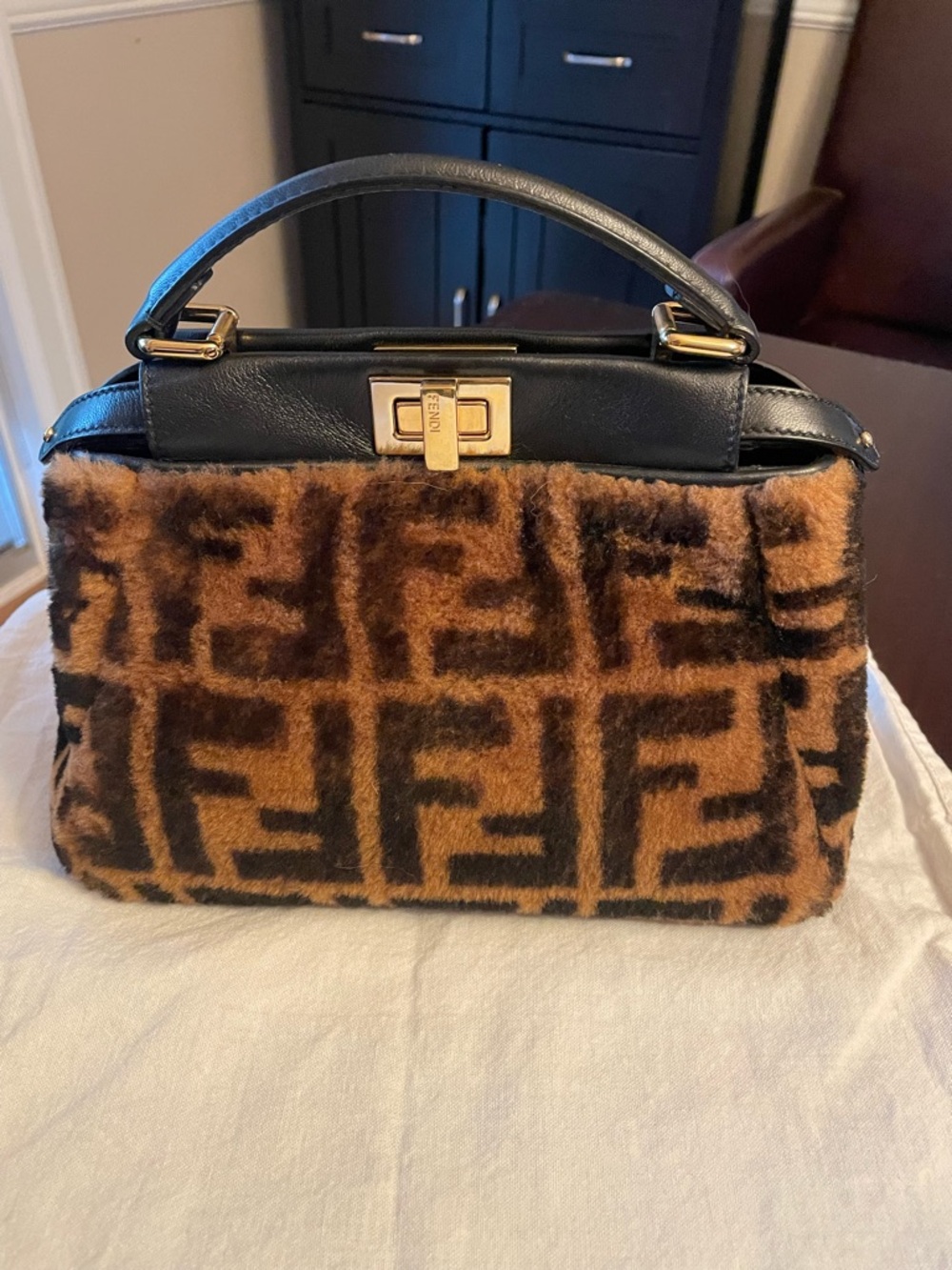 Fendi Brown & Black Mini Zucca  Shearling Peekaboo Bag